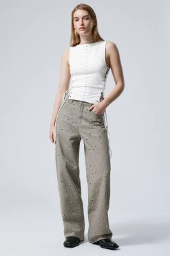 LOW WAIST LOOSE WIDE LEG EYELET TWILL TROUSERS|Weekday Fashion
