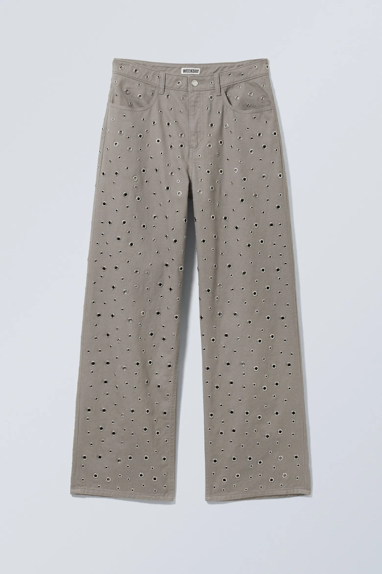 LOW WAIST LOOSE WIDE LEG EYELET TWILL TROUSERS|Weekday Fashion