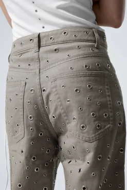 LOW WAIST LOOSE WIDE LEG EYELET TWILL TROUSERS|Weekday Fashion