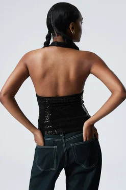 TIEF AUSGESCHNITTENES NECKHOLDER-PAILLETTEN-TOP|Weekday New